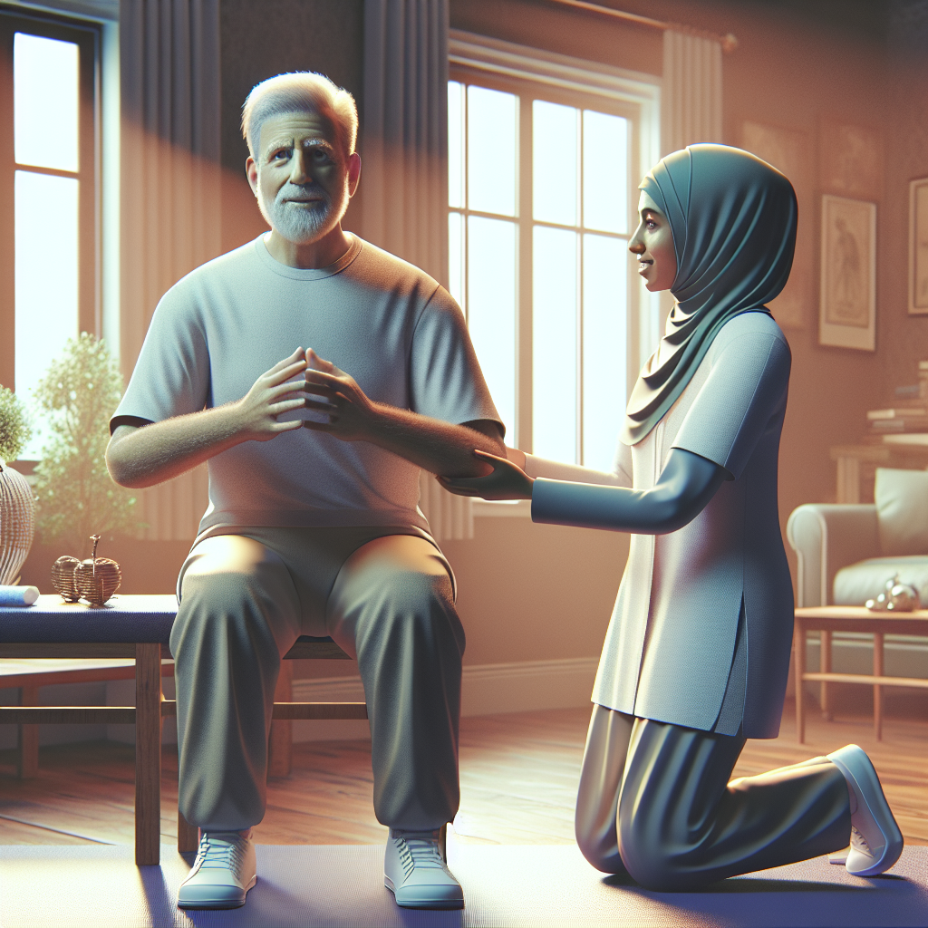 An elderly person engaging in physical therapy exercises at home with a therapist guiding them