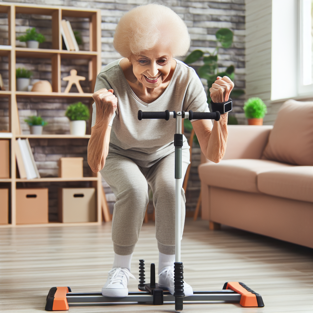 An elderly person performing balance exercises at home with adaptive equipment