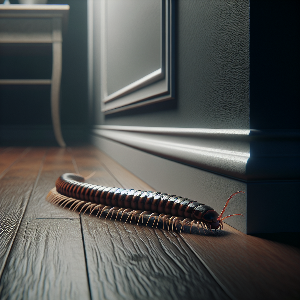 A close-up view of a house centipede crawling along a baseboard in a dimly lit room
