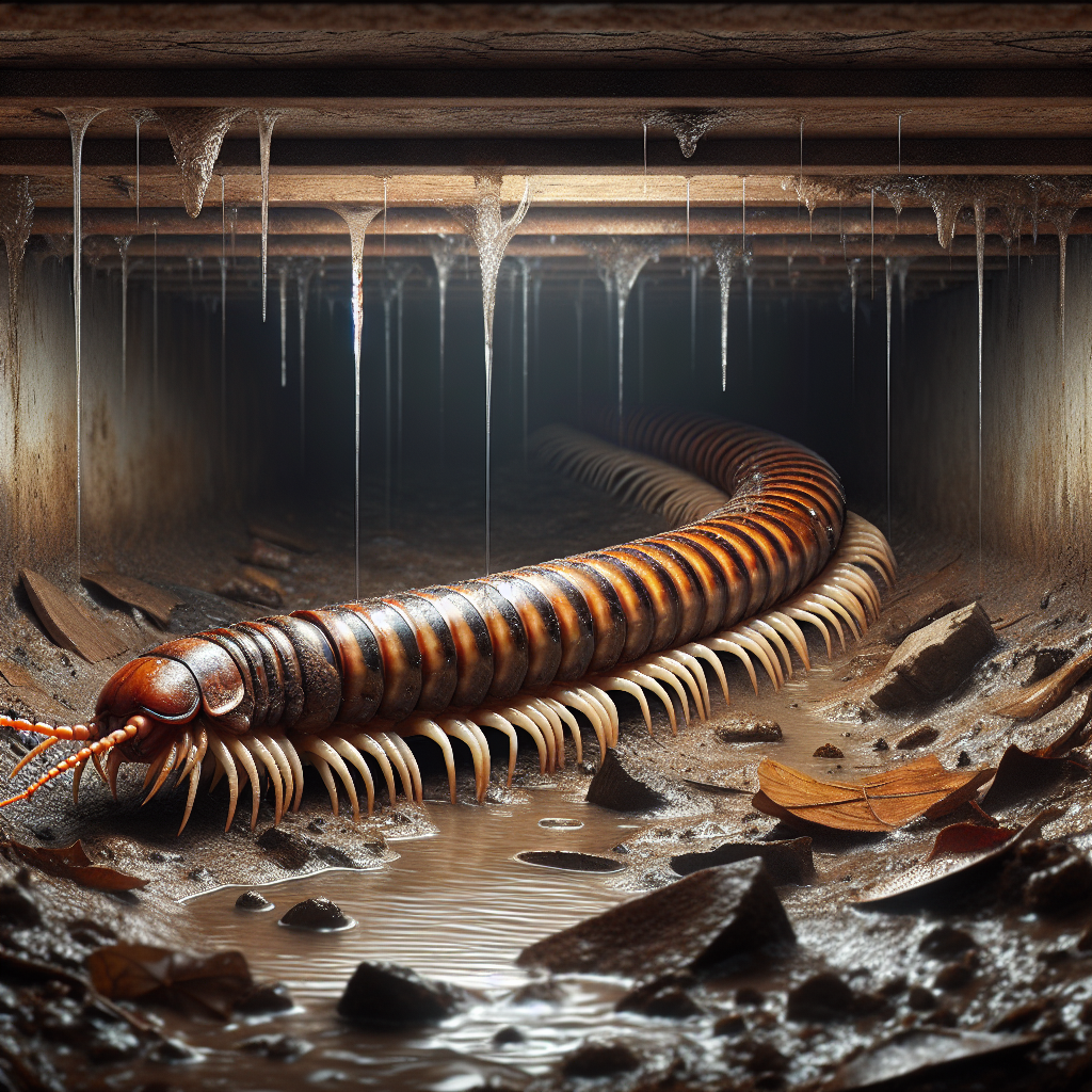 A close-up view of a house centipede in its natural habitat within a damp basement setting