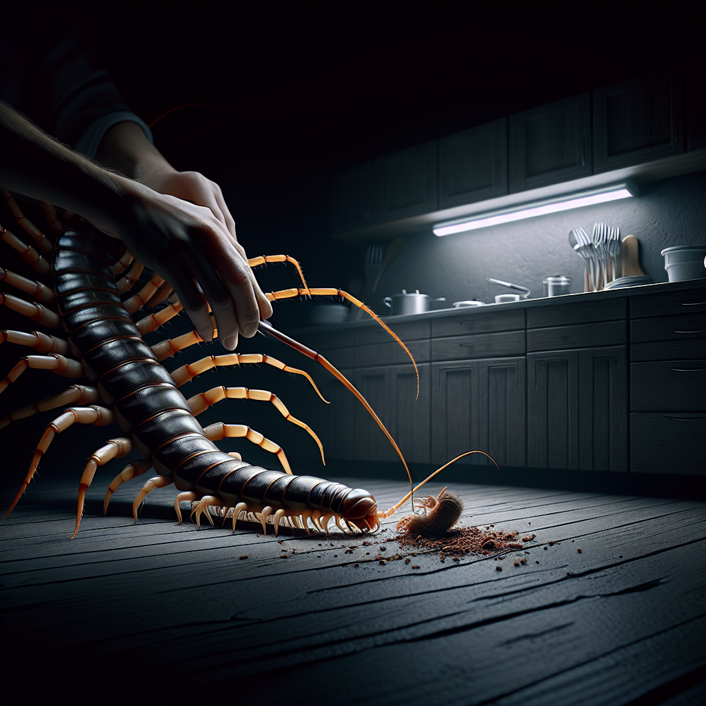 A close-up of a house centipede with its prey in a dark corner of a kitchen