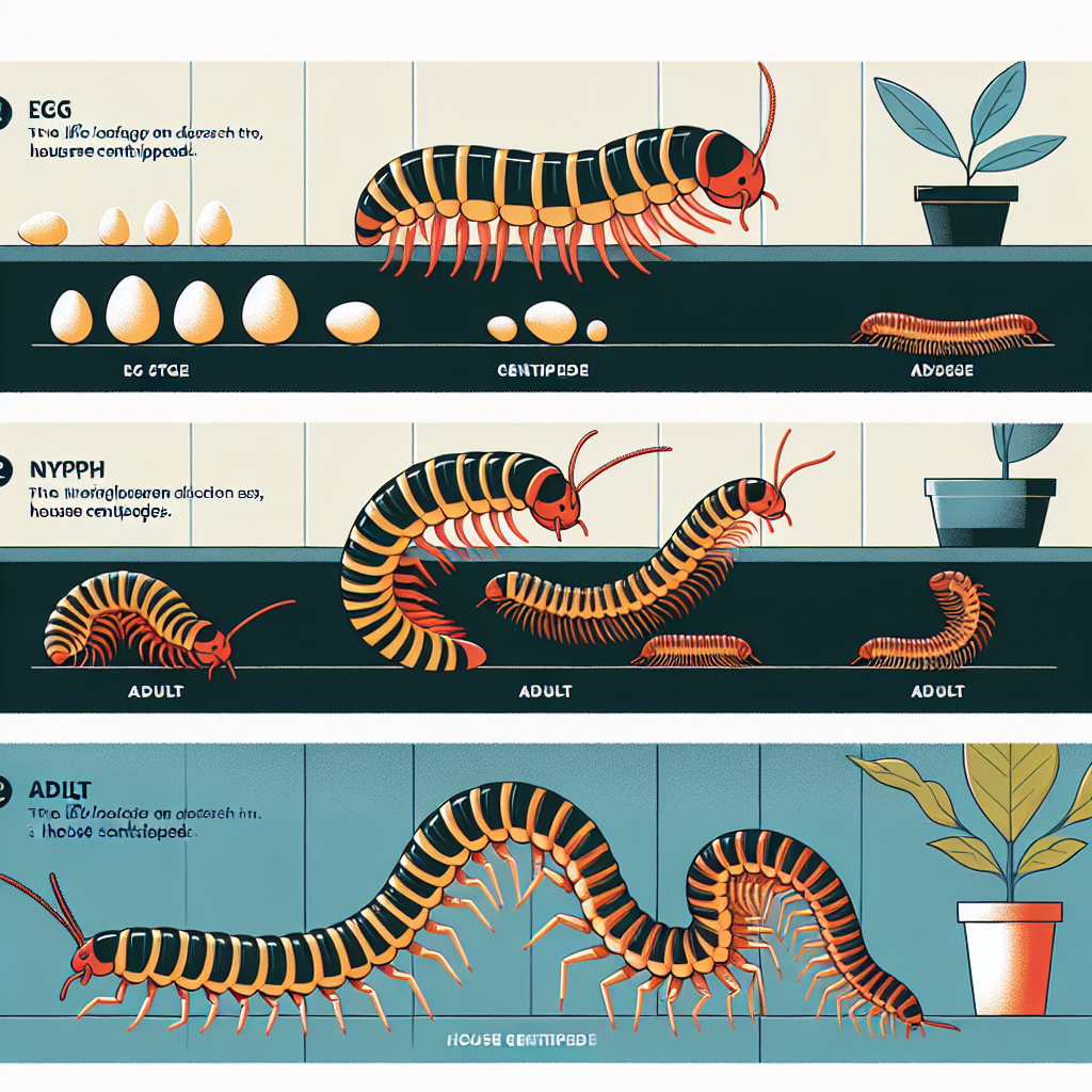 A detailed illustration showing the lifecycle stages of house centipedes including egg stage, nymph stage, and adult stage in various environments