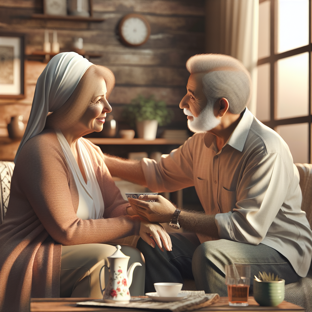 A caring non-medical caregiver assisting an elderly person with daily activities in a cozy living room
