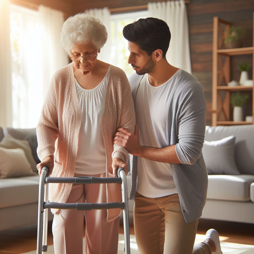 A caring non-medical caregiver assisting an elderly person at home