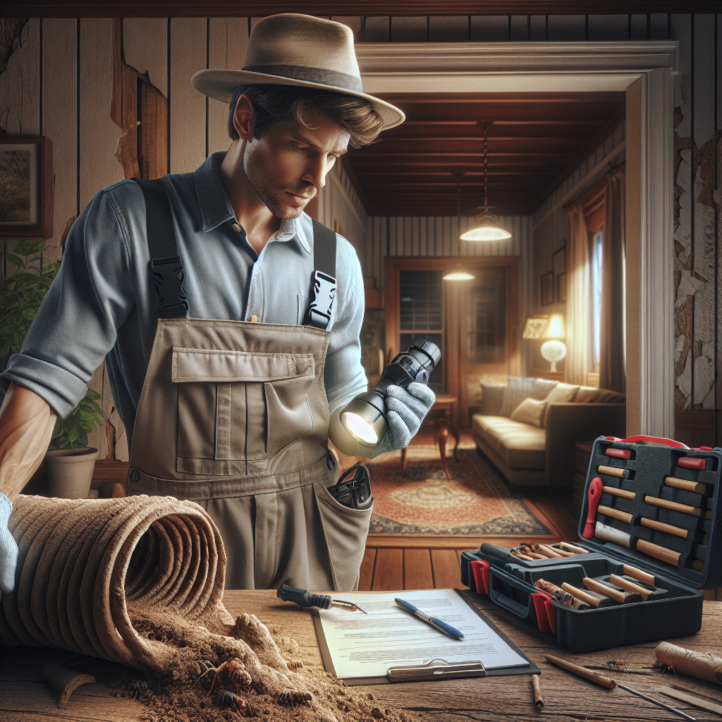 A professional conducting a termite inspection in an Indiana home, showing mud tubes and wood damage