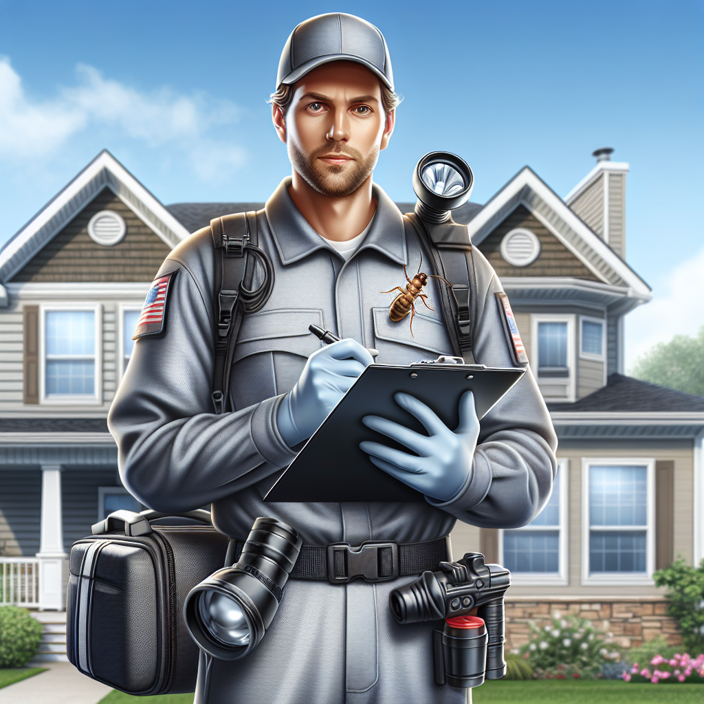 A friendly pest control technician inspecting a home for termites in Indiana, showcasing tools and equipment