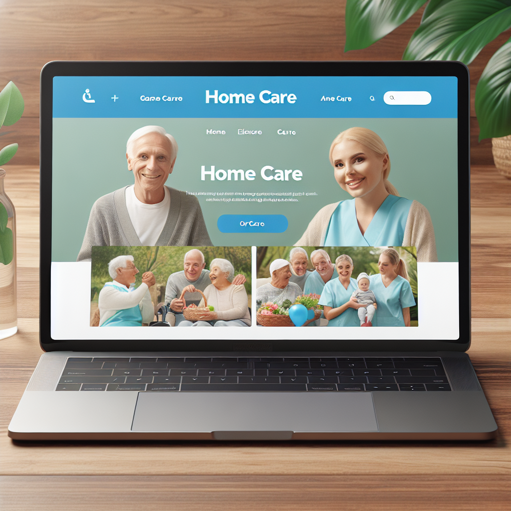 A warm and inviting home care website interface displayed on a laptop screen with images of happy caregivers and seniors interacting