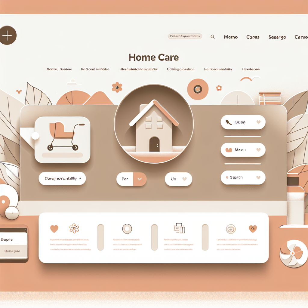 A visually appealing layout of a home care website showcasing user-friendly navigation with clear menu options and search functionality