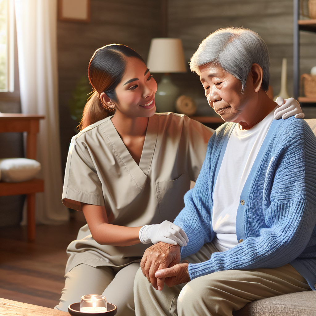 A warm and inviting living room where an elderly person is enjoying time with a caregiver, showcasing companionship and support