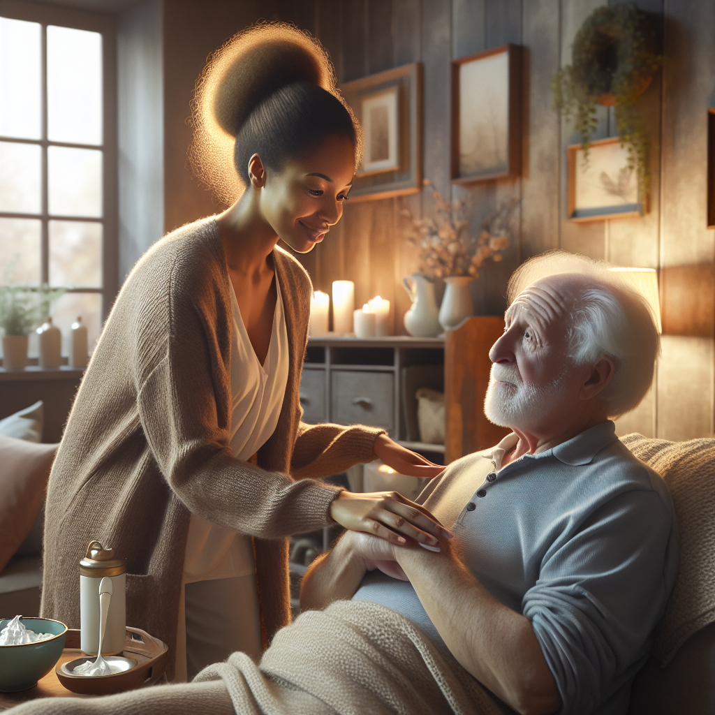 A warm and inviting home care setting with a caregiver assisting an elderly person in a cozy living room