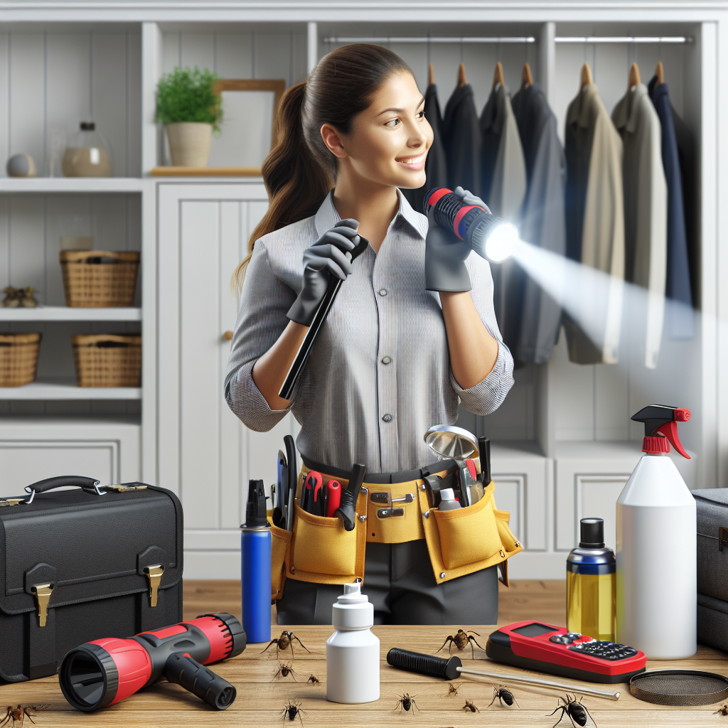 A friendly local exterminator inspecting a home for pests in Greenwood, with various tools and equipment around