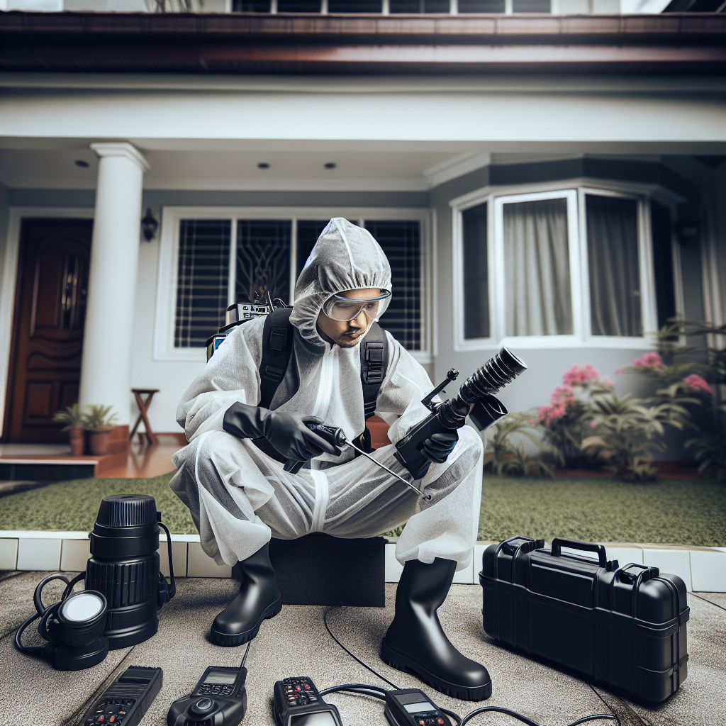 A professional exterminator inspecting a residential property for pests with tools and equipment