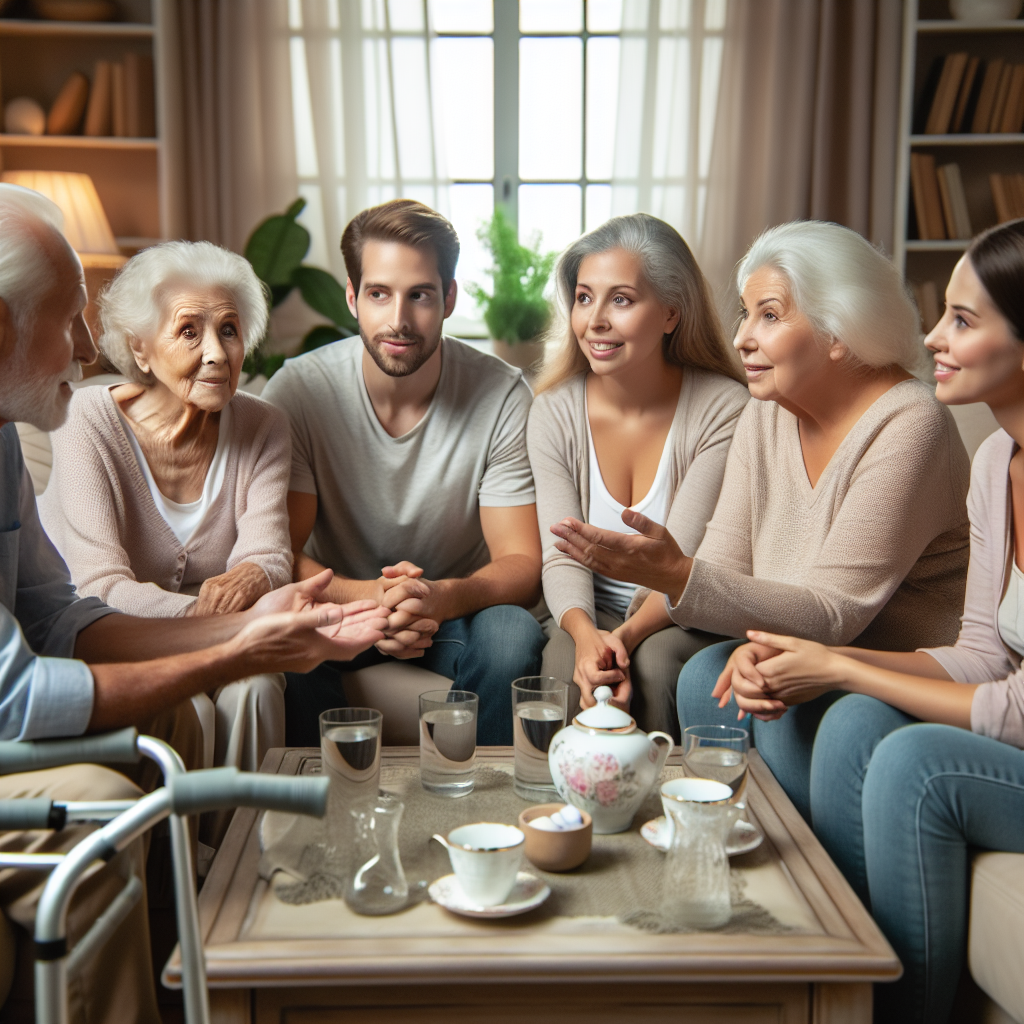 A warm family gathering with elderly parents and adult children discussing elder care options at home