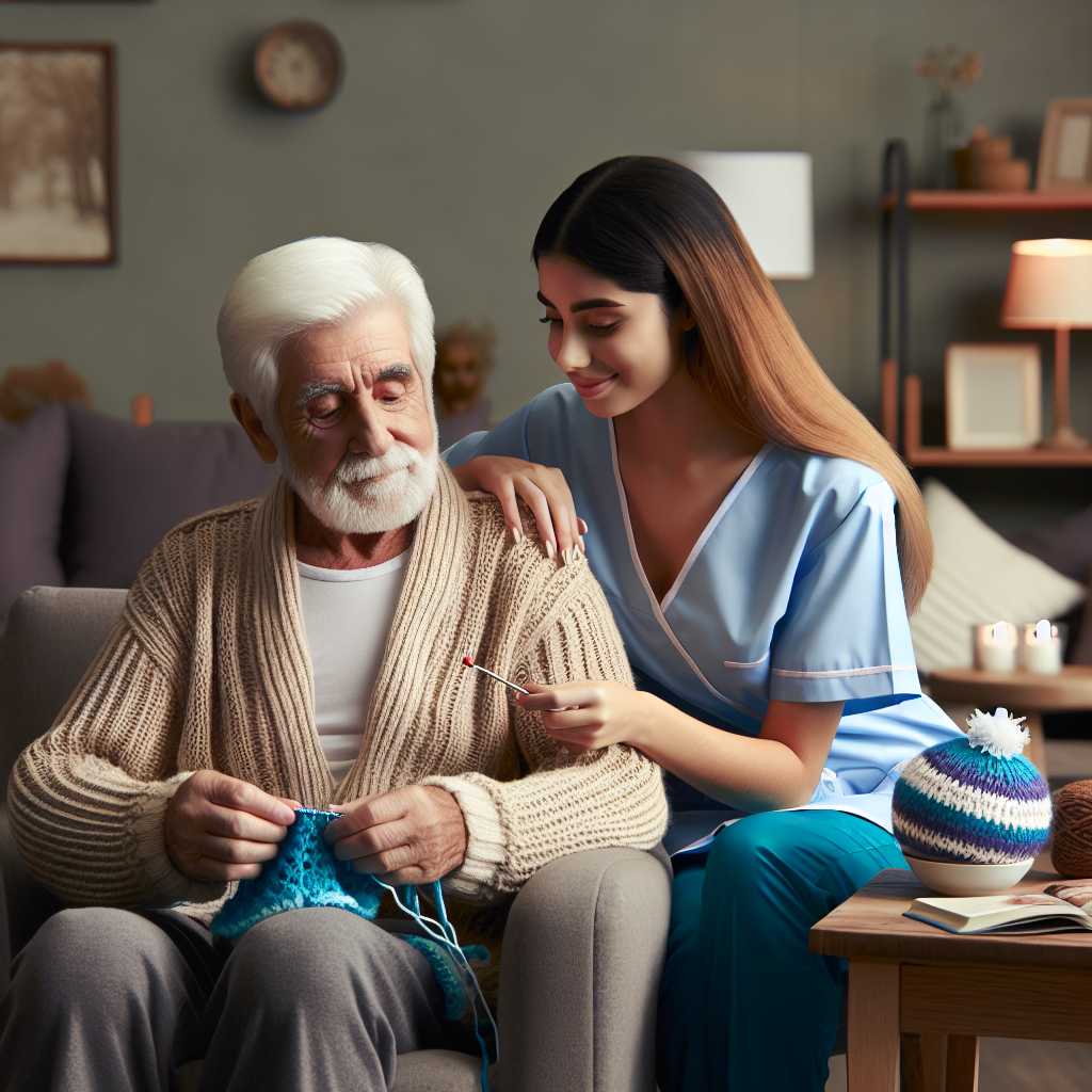A warm and inviting home setting with an elderly person receiving assistance from a caregiver, showcasing various elder care solutions available