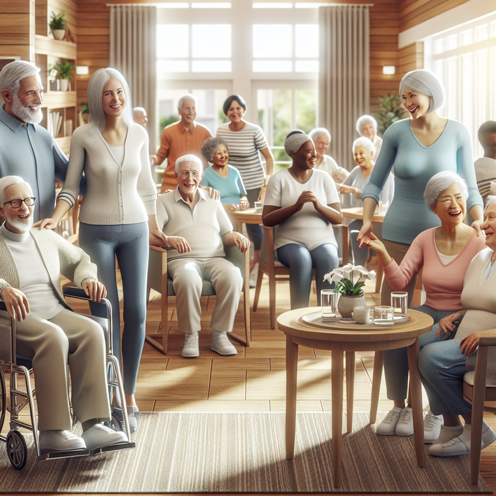 A warm and inviting assisted living facility with happy seniors engaging in activities together