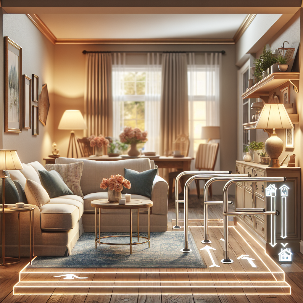 A cozy living room modified for elderly safety with grab bars, ramps, and smart technology devices