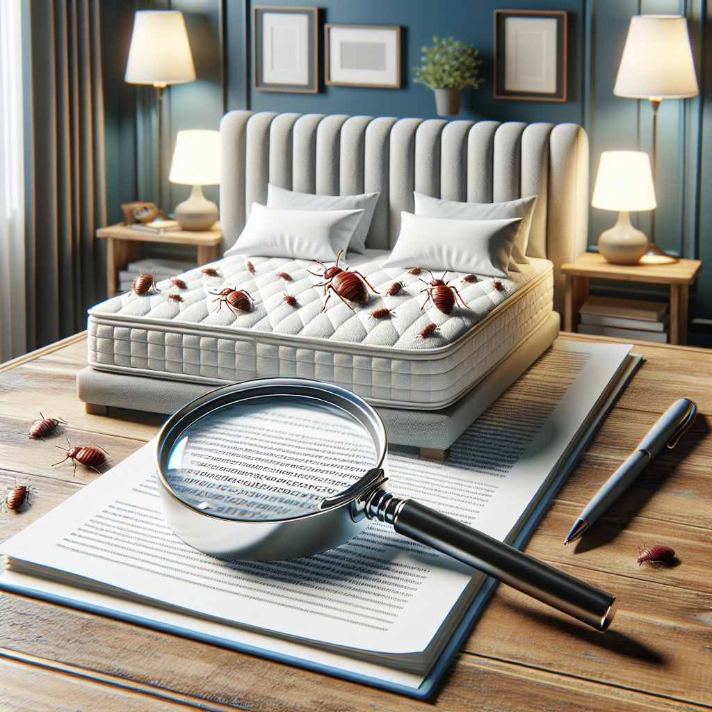 A cozy bedroom scene with a magnifying glass inspecting a mattress for bed bugs
