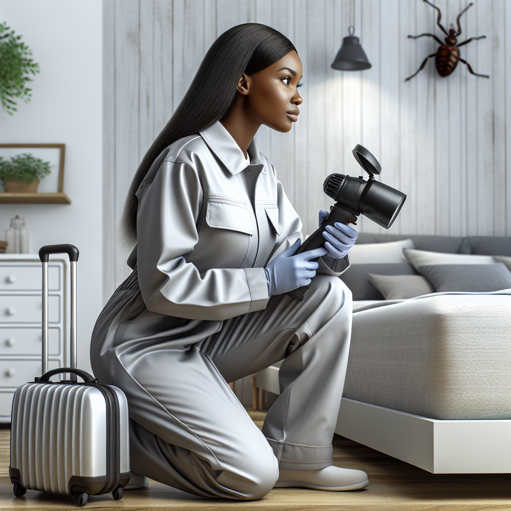 A professional pest control technician inspecting a home for bed bugs with high-tech equipment