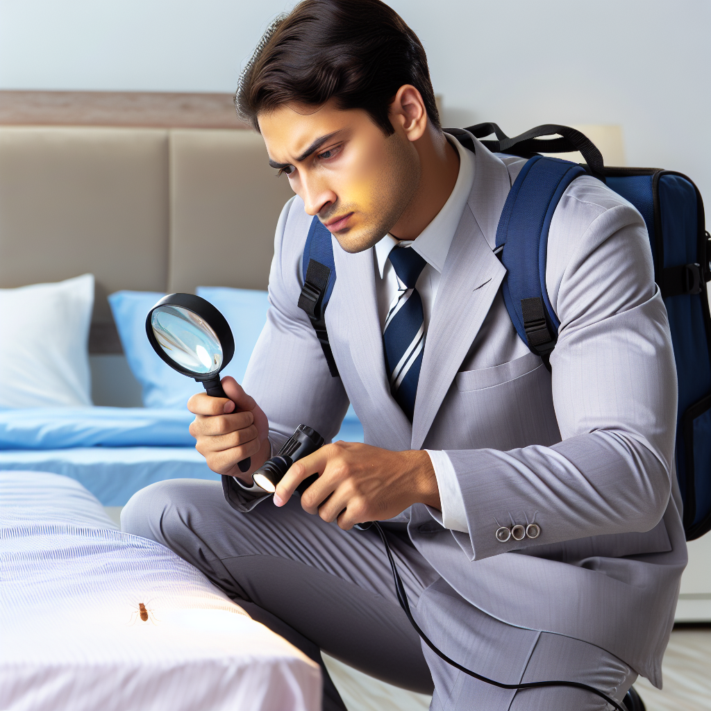A professional pest control expert inspecting a bedroom for bed bugs using a flashlight and magnifying glass