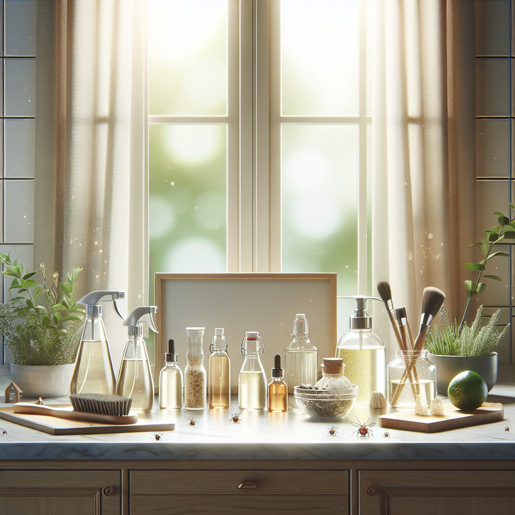A clean kitchen countertop free from ants, showcasing eco-friendly pest control products like essential oils and vinegar solutions