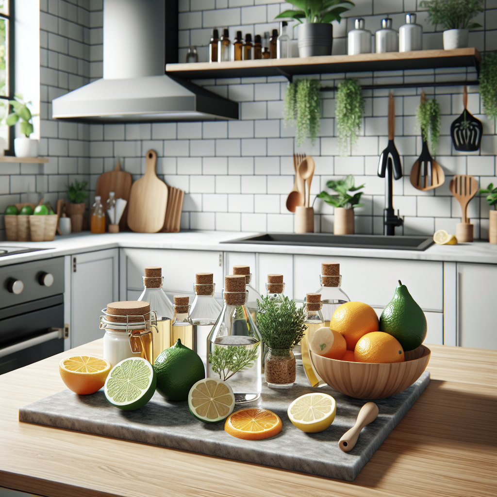 An eco-friendly kitchen scene showcasing various natural ant deterrents like citrus peels, vinegar bottles, and essential oils on a countertop