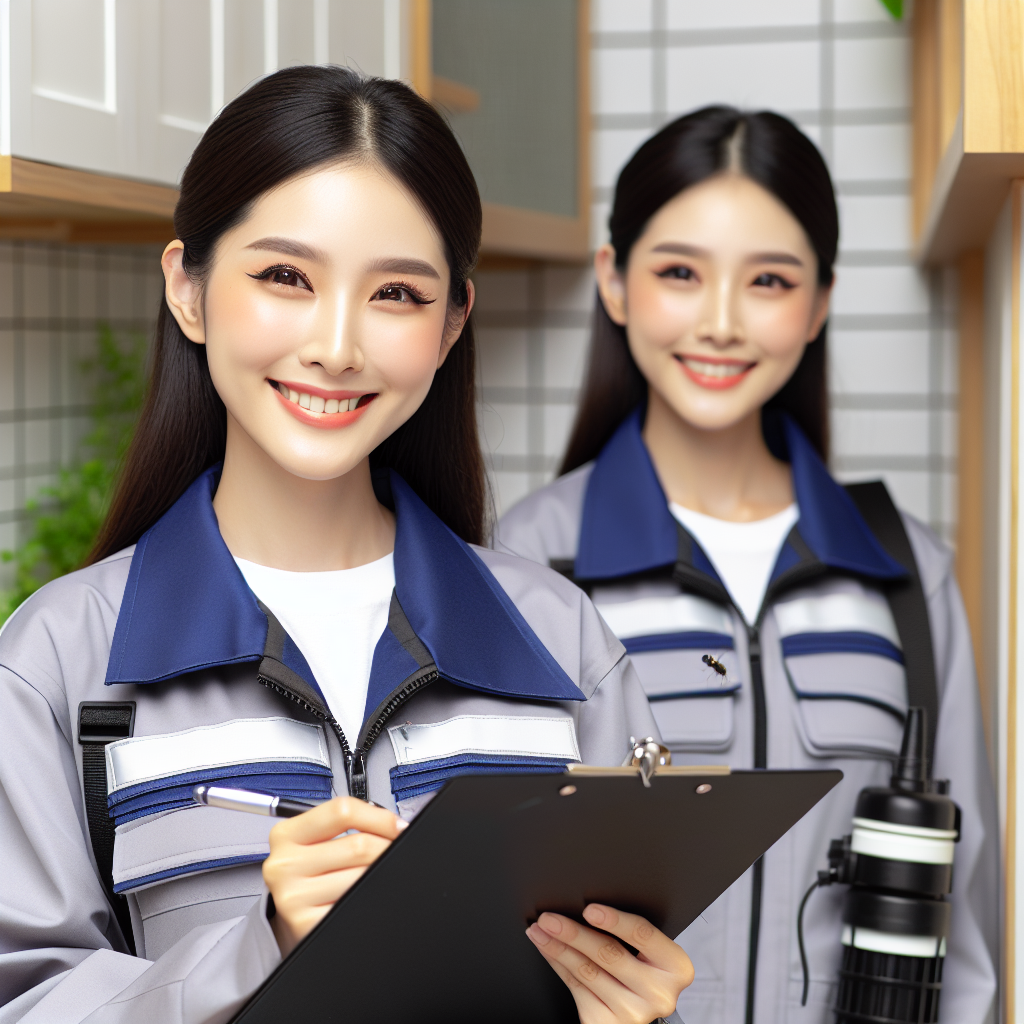 A friendly exterminator inspecting a home for pests with a clipboard in hand
