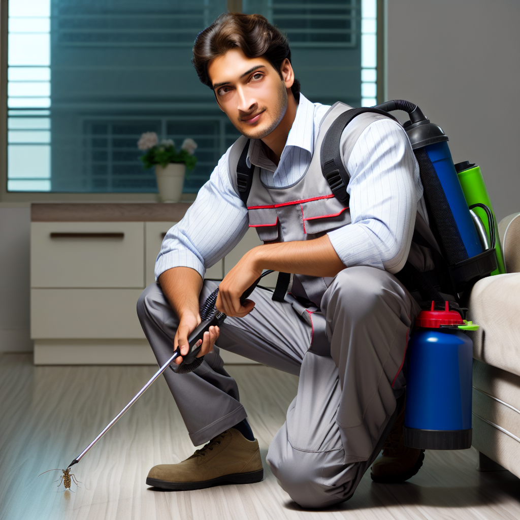 A friendly exterminator inspecting a home for pests with various eco-friendly tools