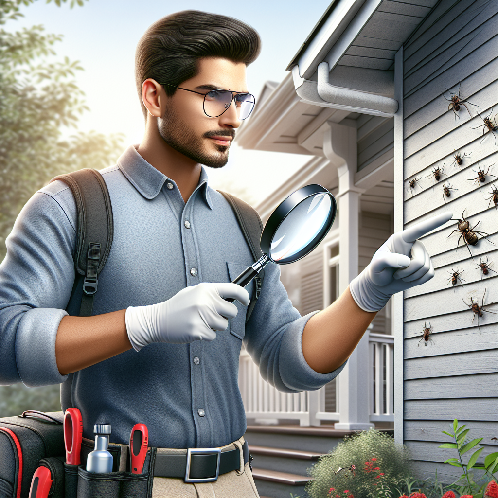A professional pest control technician inspecting a residential property with a magnifying glass, highlighting entry points and signs of infestation