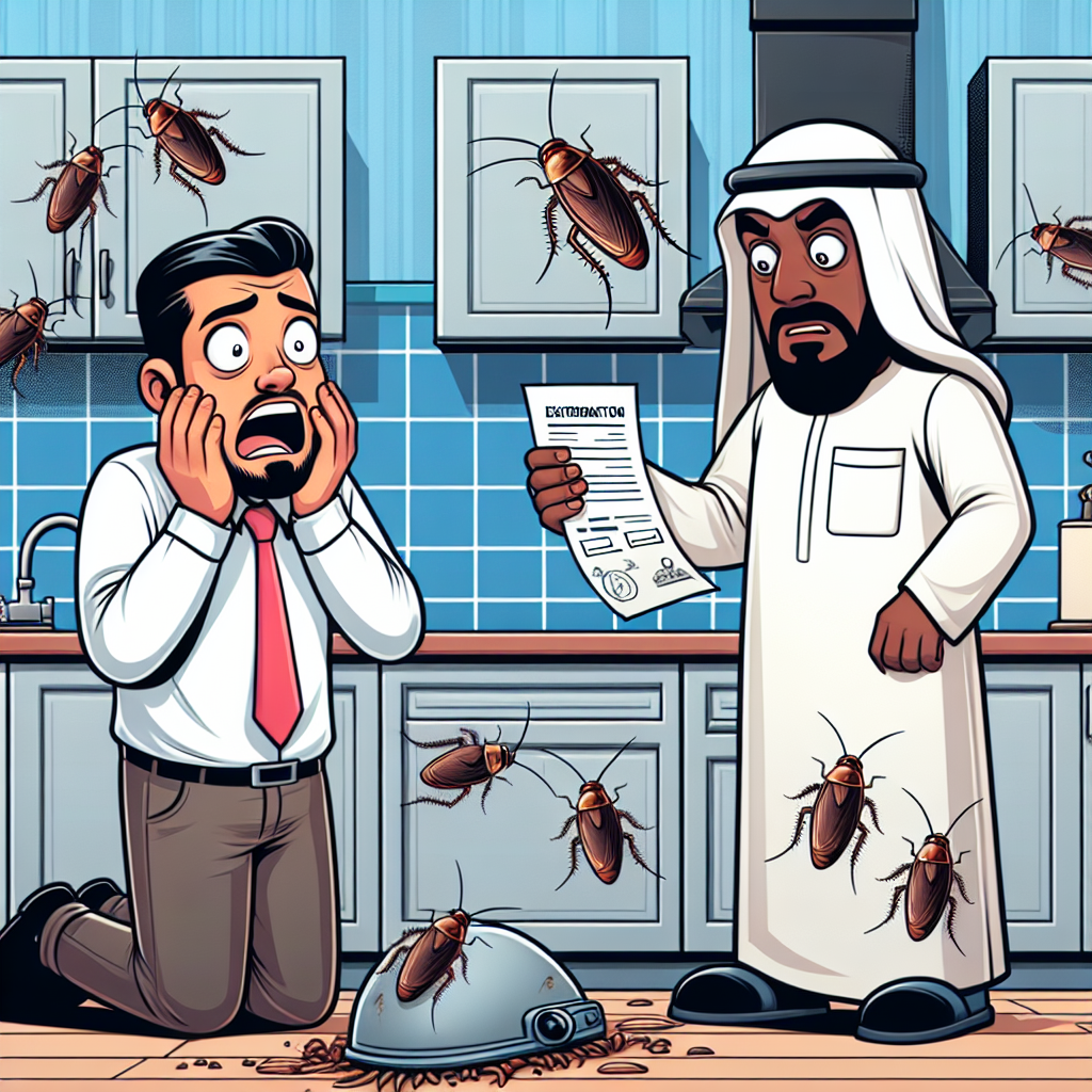 A humorous illustration of cockroaches invading a kitchen with a shocked homeowner looking at an exterminator's bill