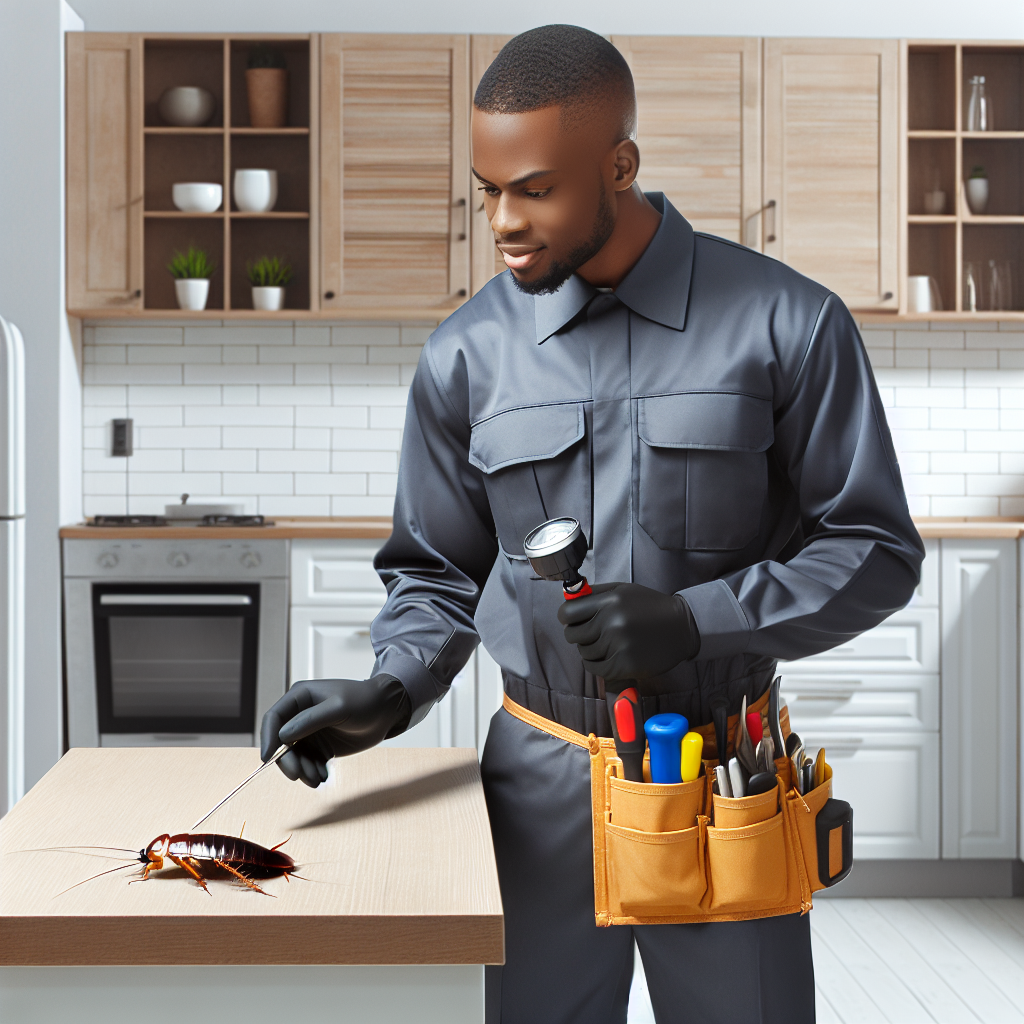 A pest control technician inspecting a residential kitchen for cockroaches with tools