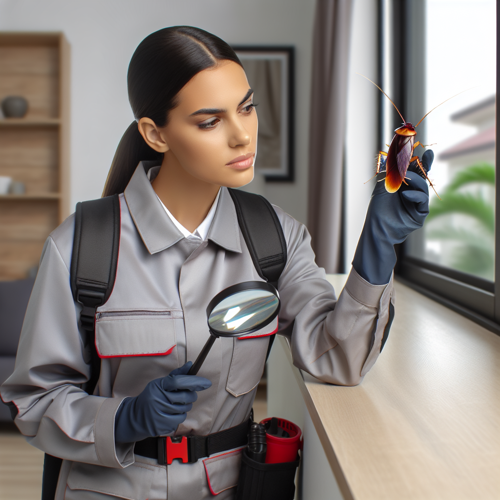 A pest control technician inspecting a home for cockroaches