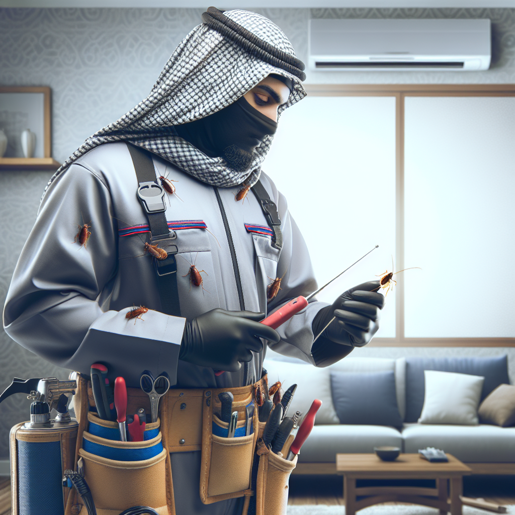A pest control technician inspecting a home for cockroaches with tools in hand