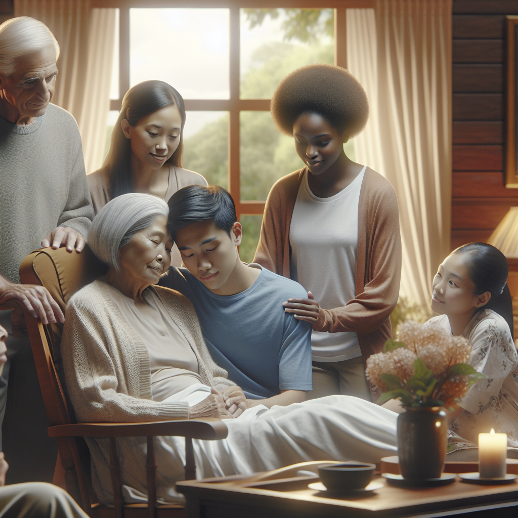 A serene home setting with a cozy living room where a family is gathered around an elderly loved one receiving hospice care