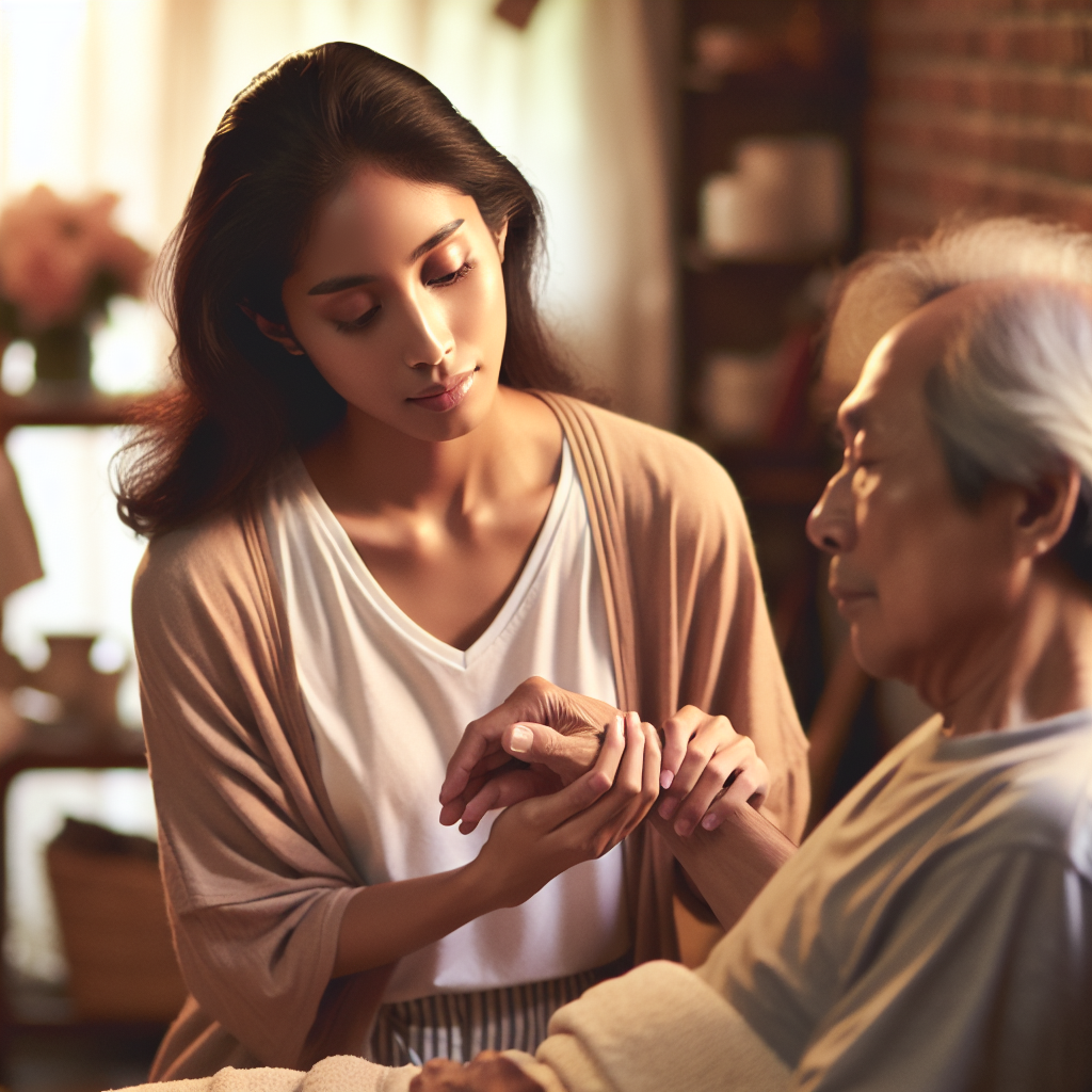 A warm setting depicting a caregiver receiving support from a volunteer while caring for a terminally ill patient at home