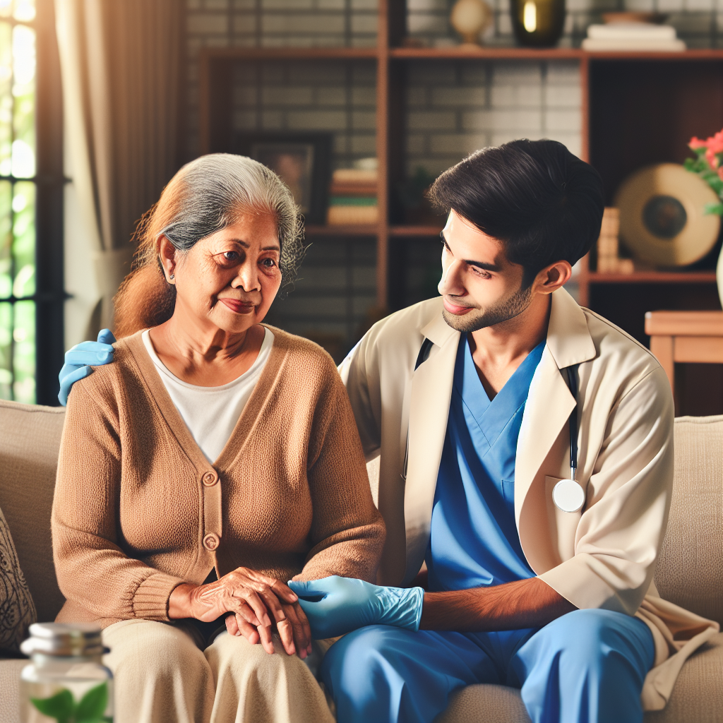 A warm and inviting living room setting with an elderly person being cared for by a compassionate caregiver, showcasing elements of home care and support