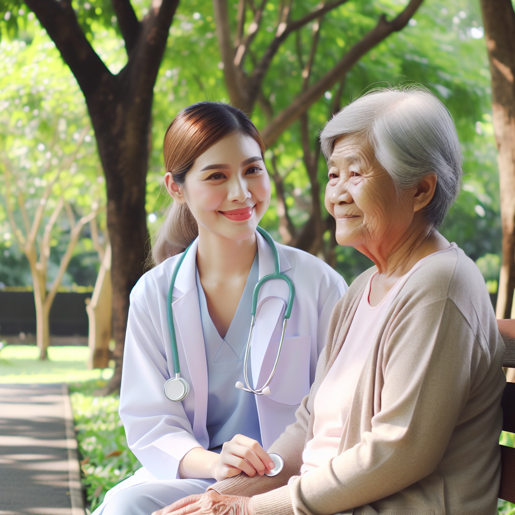 A warm-hearted caregiver taking a break in a peaceful park setting while their elderly patient enjoys supervised activities nearby.