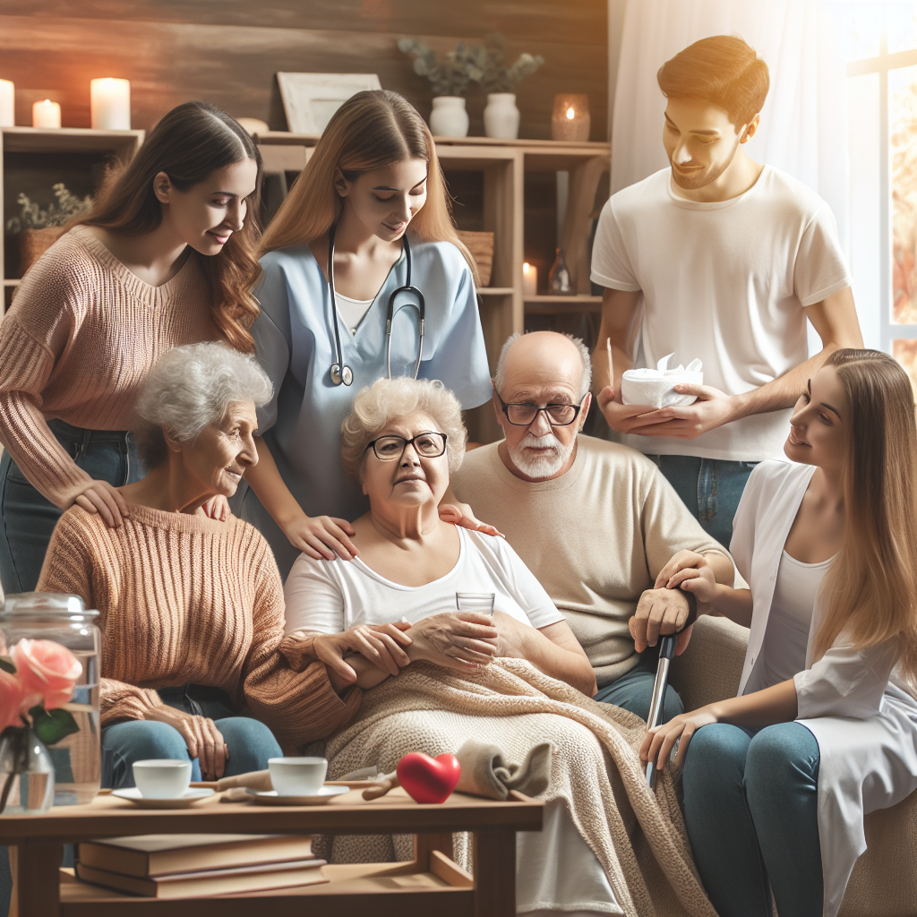 A warm family scene showing caregivers assisting elderly individuals in a cozy home setting