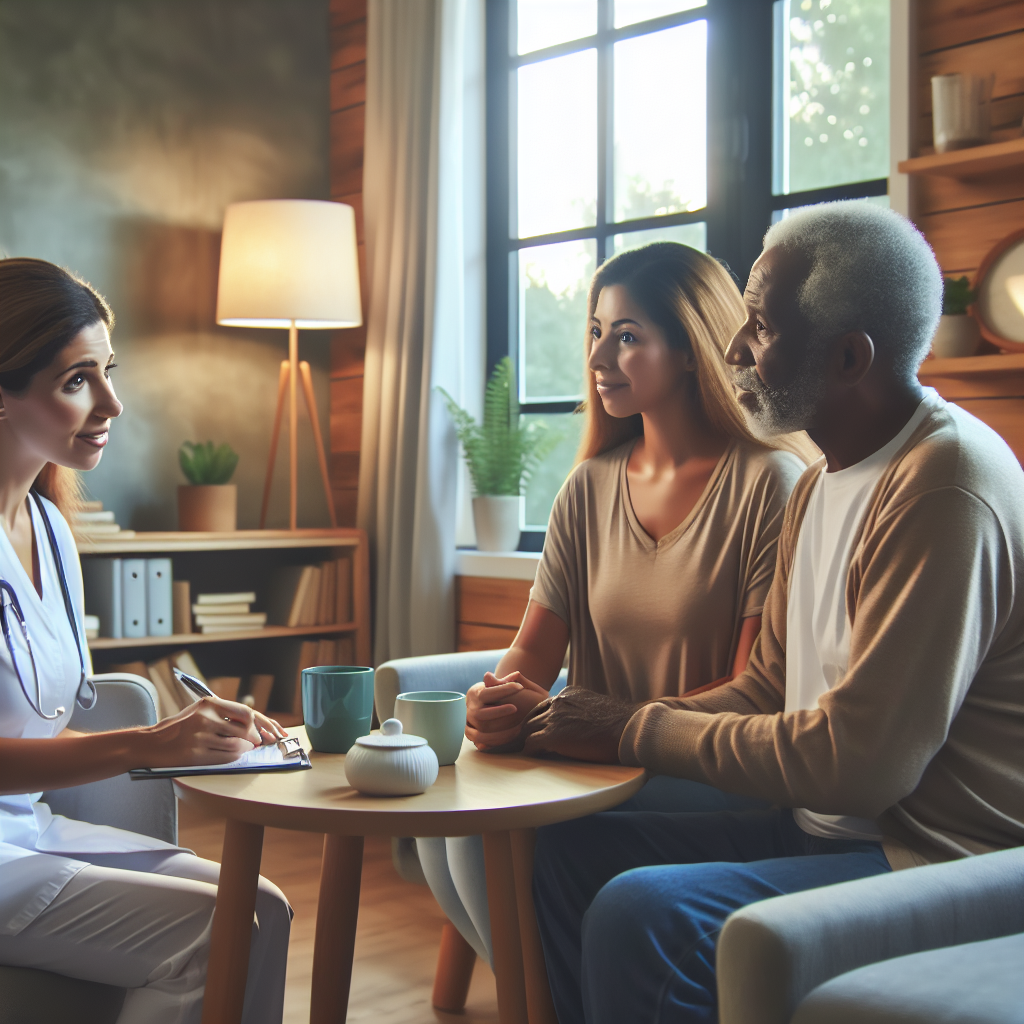 A warm and inviting healthcare professional discussing respite care options with a family in a cozy office setting