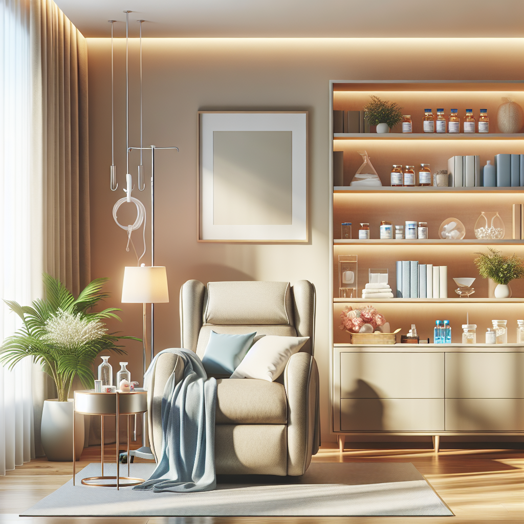 A cozy living room setup for post-surgery recovery with comfortable seating, medical supplies neatly organized, and soft lighting