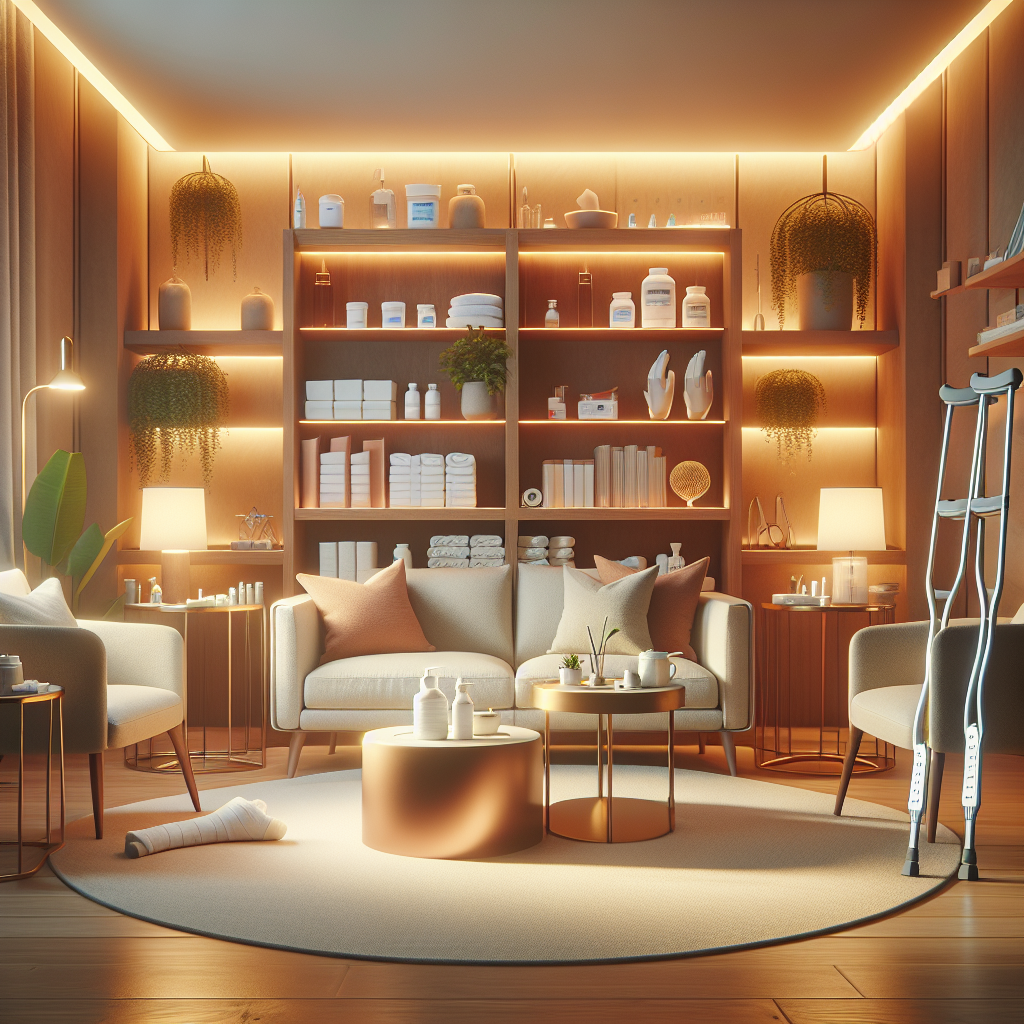 A cozy living room set up for post-surgery recovery with comfortable seating, warm lighting, and medical supplies organized neatly.