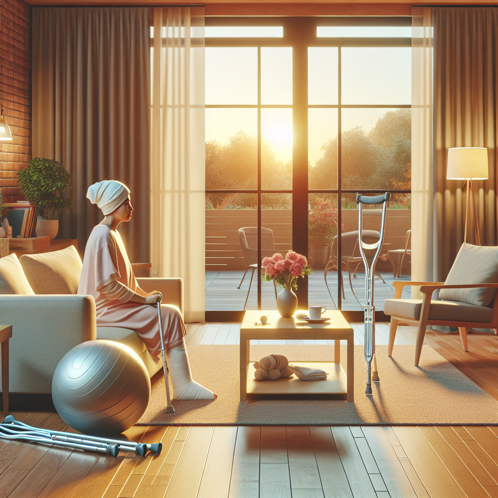 A cozy living room setting with a patient recovering after surgery, featuring mobility aids like crutches and an exercise ball, warm lighting