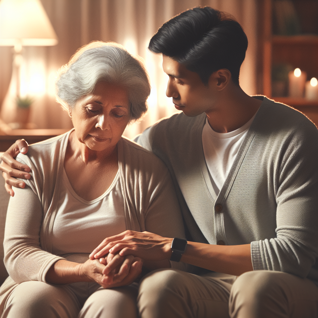 A warm scene depicting a caregiver providing emotional support to an elderly patient recovering at home after surgery, featuring soft lighting and comforting surroundings