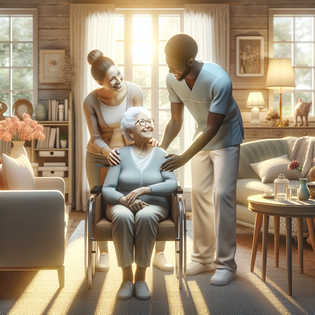 An elderly person happily interacting with caregivers in a cozy personal care home setting.
