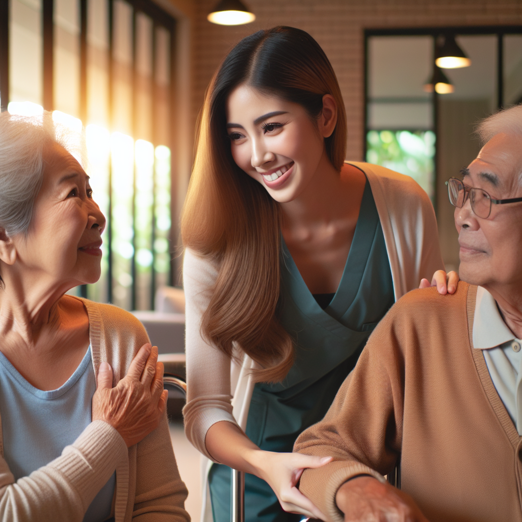 A caring staff member interacting with elderly residents in a warm, inviting personal care home setting