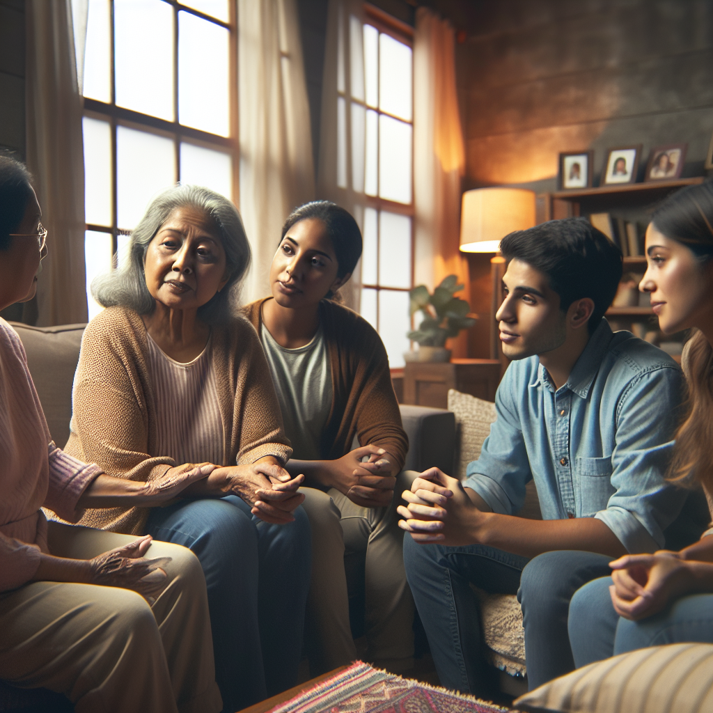 A warm family gathering discussing elder care options in a cozy living room