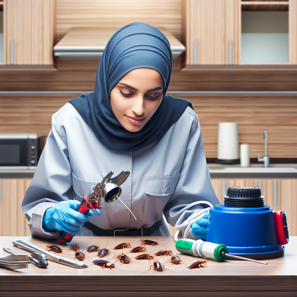 A professional pest control technician inspecting a kitchen for cockroaches with tools in hand