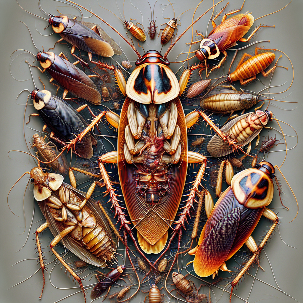 A close-up view of different types of cockroaches commonly found in urban areas, showcasing their distinctive features