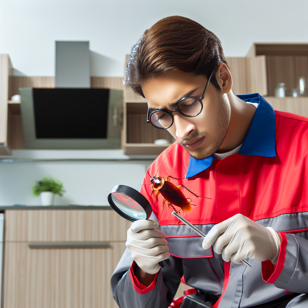 A professional pest control technician inspecting for cockroaches in a residential kitchen
