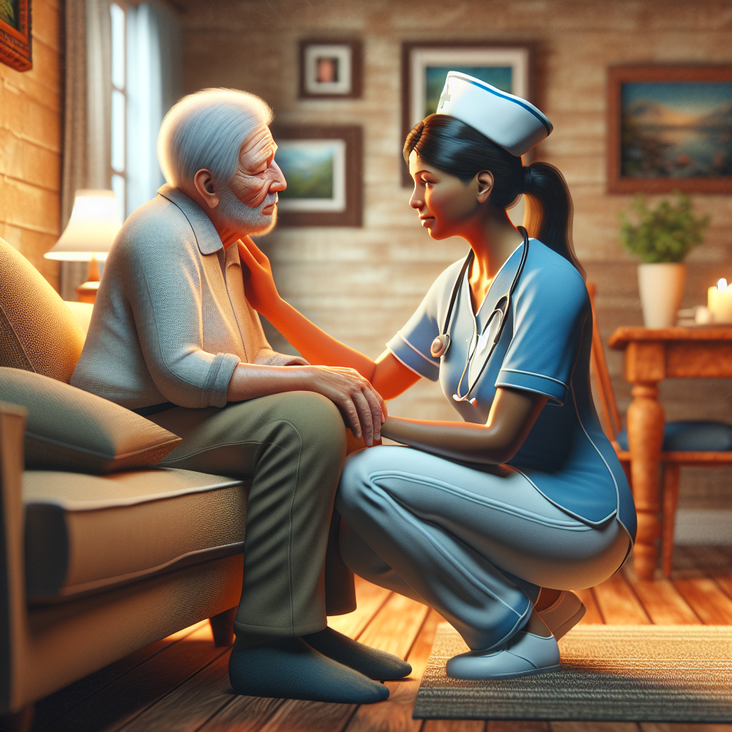 A warm and inviting living room with a nurse tending to an elderly patient, showcasing compassionate care in a home setting