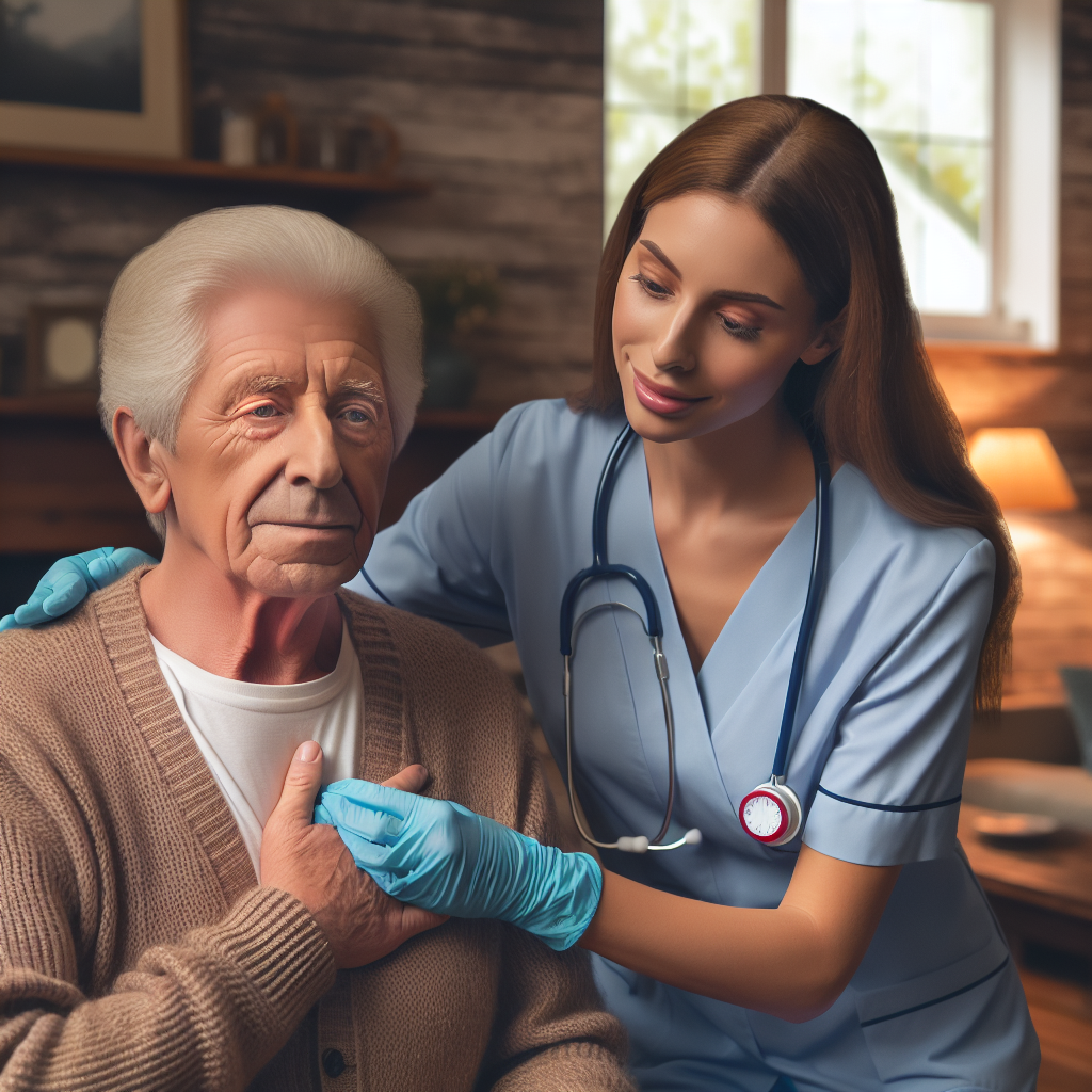 A compassionate home health nurse assisting an elderly patient in their living room